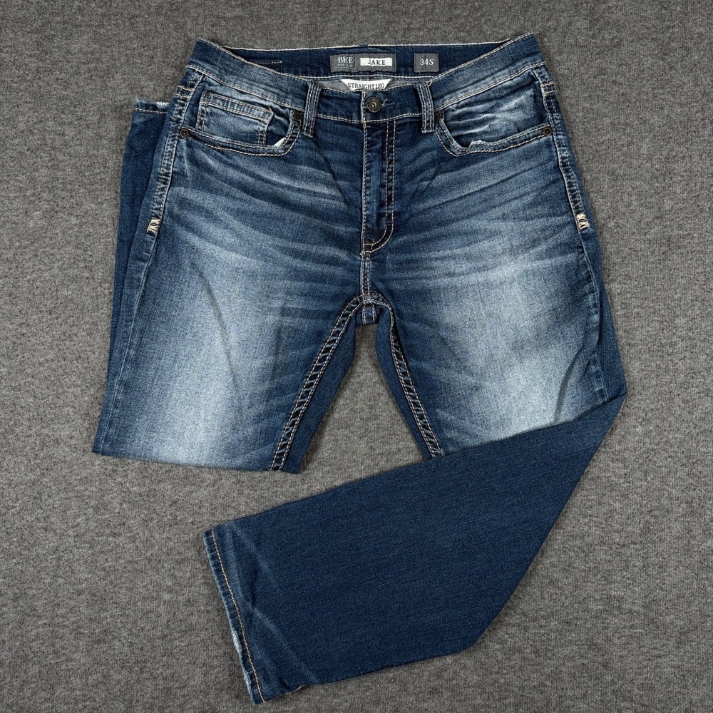 BKE Jeans Mens 34x26 Blue Jake Straight Leg Whiskered Medium Wash Denim Stretch